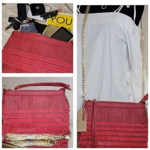 Red Vegan Suede/Leather Fringed Clutch/Crossbody